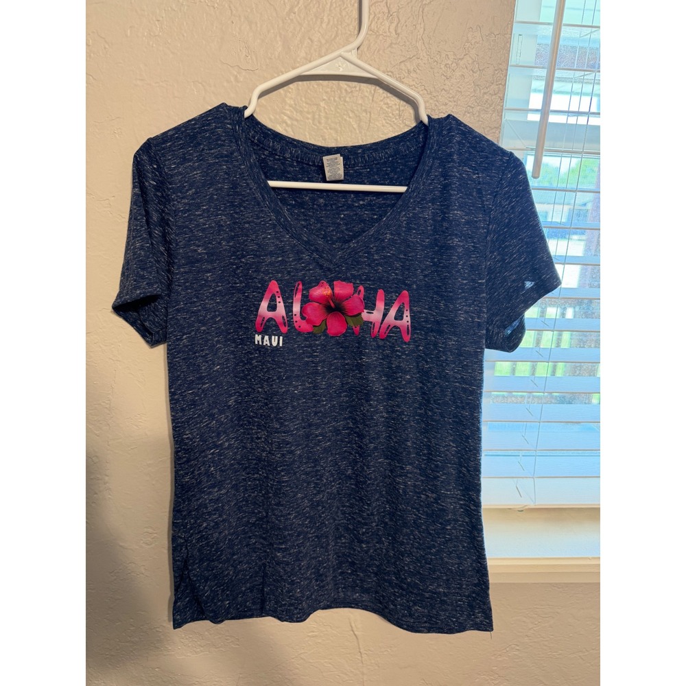 Jerzees Maui Aloha Hibiscus V-Neck T-Shirt Blue Heathered Women Medium